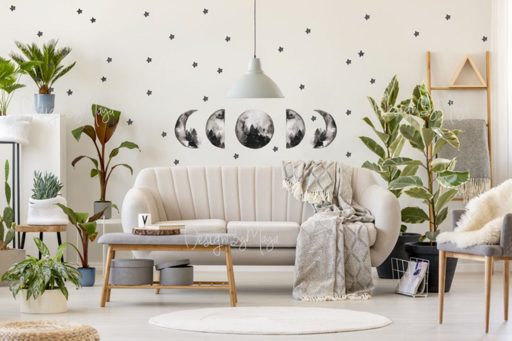 "I Love You to the Moon and Back" nursery wall art decals featuring a full moon and stars for baby rooms.
