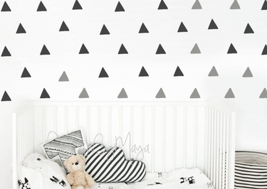 Abstract equilateral triangles fabric nursery wall art decals for stylish baby room decor.