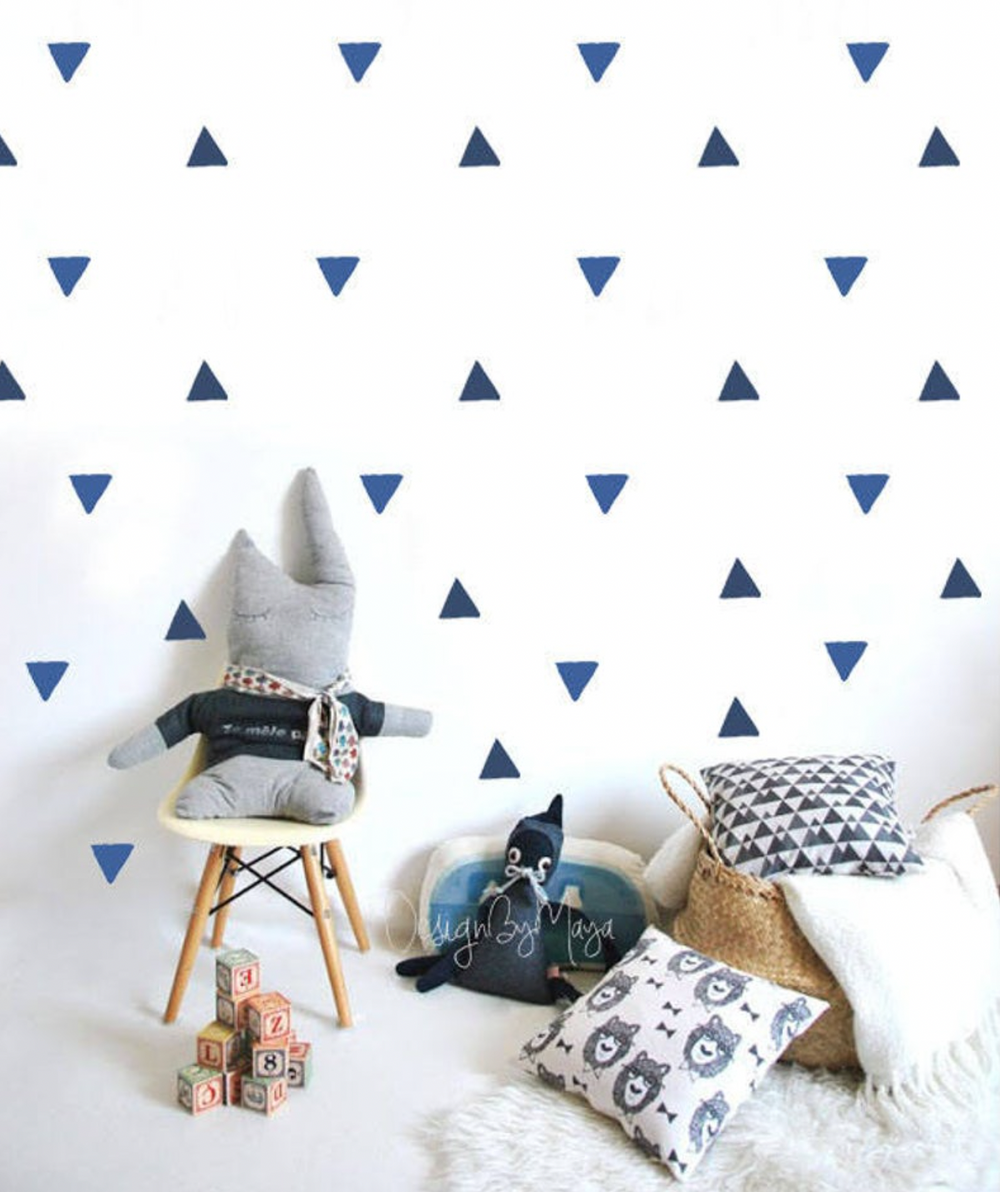 Abstract equilateral triangles fabric nursery wall art decals for stylish baby room decor.