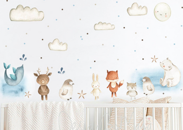 Arctic Polar Bear and Friends fabric nursery wall art decals for playful and cozy baby room decor.