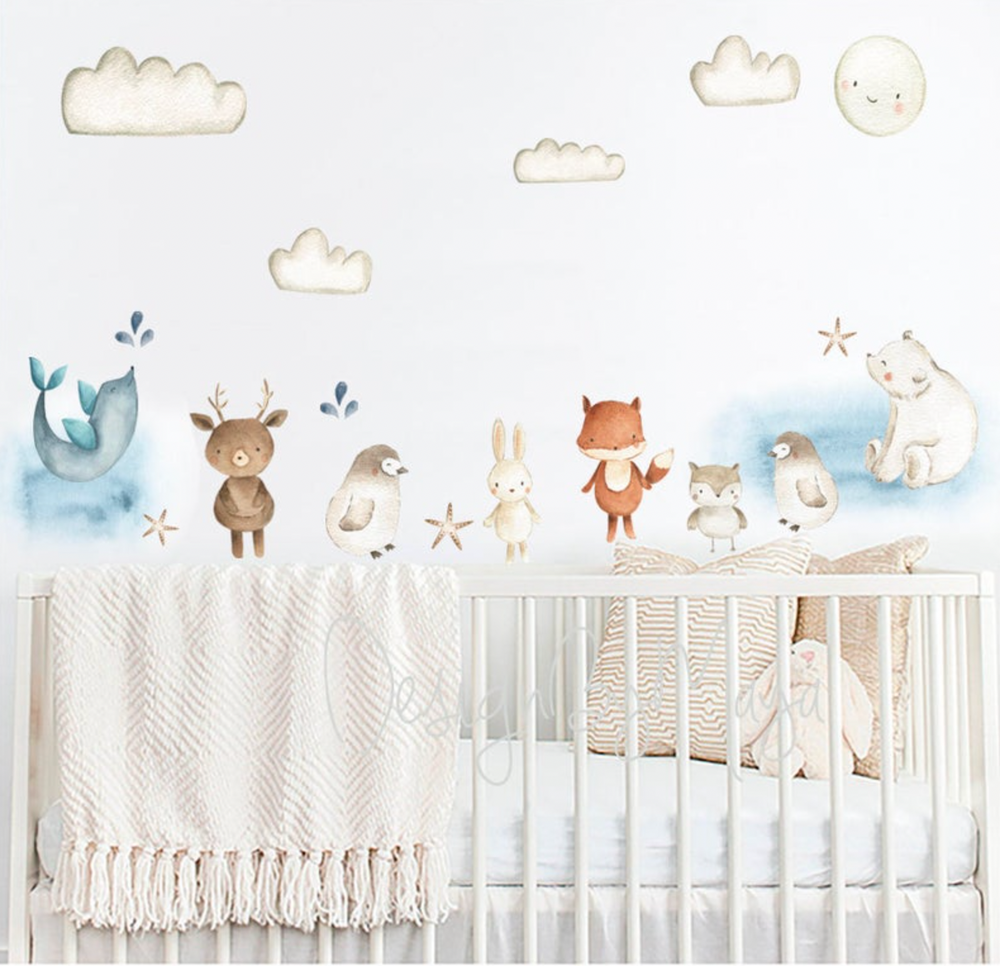 Arctic Polar Bear and Friends fabric nursery wall art decals for playful and cozy baby room decor.