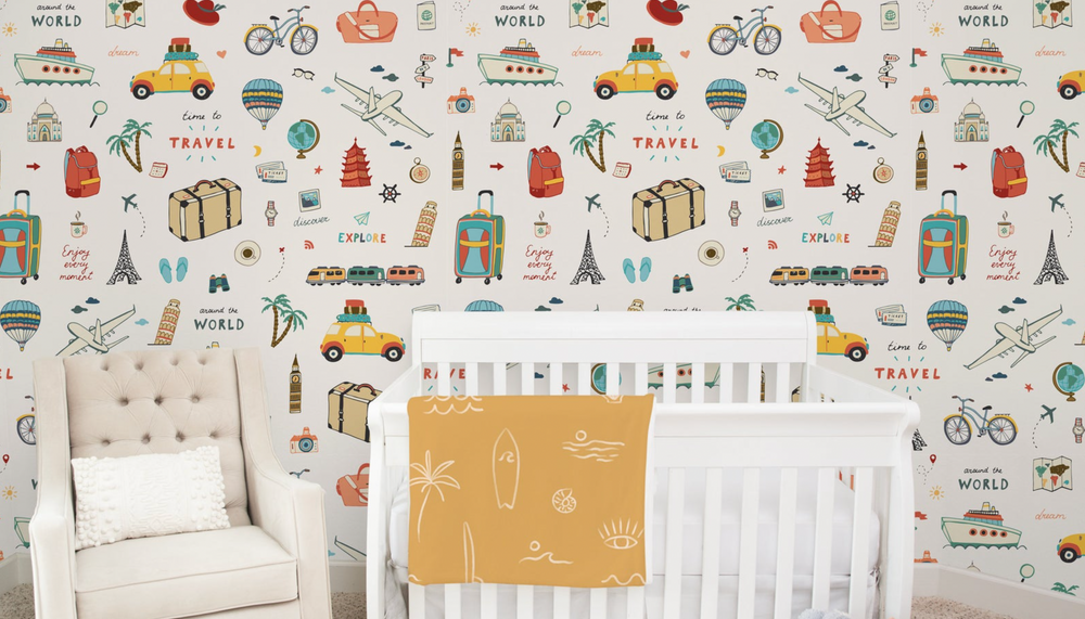 "Colorful 'Around The World' nursery wall decor wallpaper for baby rooms, featuring playful designs and vibrant colors."
