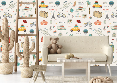 "Colorful 'Around The World' nursery wall decor wallpaper for baby rooms, featuring playful designs and vibrant colors."