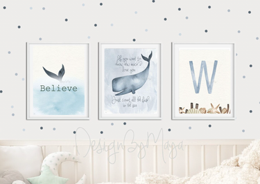Baby ocean whale wall art prints - "Just Count All the Fish in the Sea" nursery decor for a playful touch.