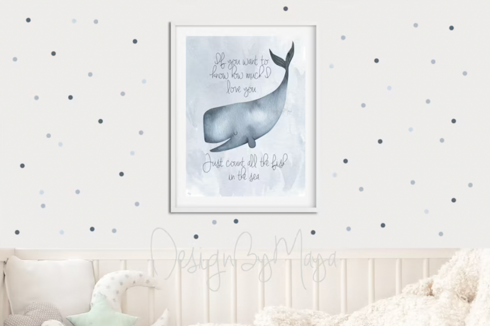 Baby ocean whale wall art prints - "Just Count All the Fish in the Sea" nursery decor for a playful touch.
