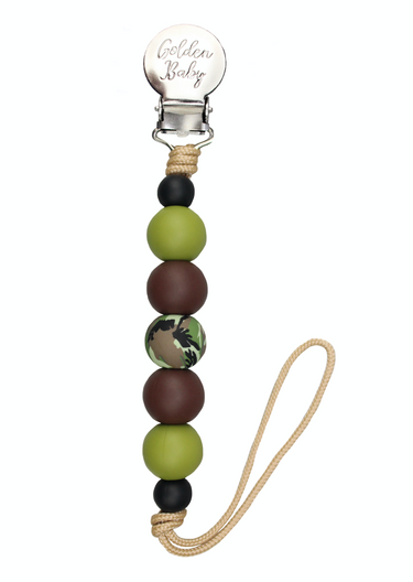 Camo accent pacifier clip for babies, stylish and functional baby accessory.