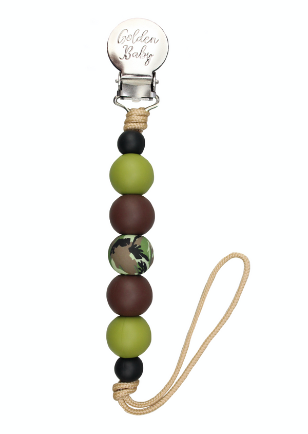 Camo accent pacifier clip for babies, stylish and functional baby accessory.