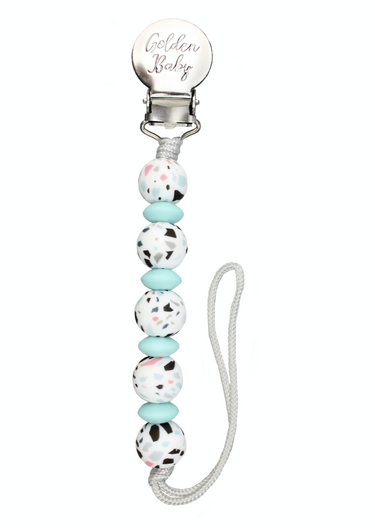 "Lauren Clip in Terrazo design - stylish pacifier clip for babies."