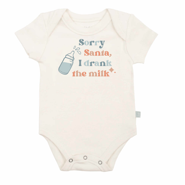 Short sleeve graphic bodysuit for babies featuring "Drank the Milk" design. Perfect for playful outfits.