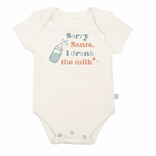 Short sleeve graphic bodysuit for babies featuring "Drank the Milk" design. Perfect for playful outfits.
