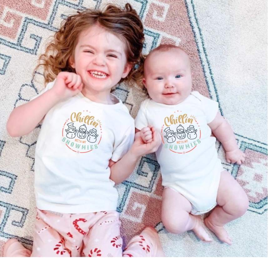 Chillin' with my snowmies graphic short sleeve bodysuit for babies.