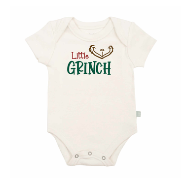 Little Grinch graphic bodysuit for babies, short sleeve, festive design perfect for holiday outfits.