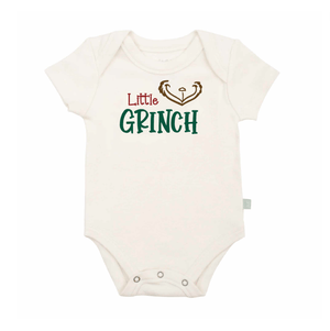 Little Grinch graphic bodysuit for babies, short sleeve, festive design perfect for holiday outfits.