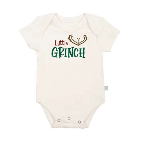 Little Grinch graphic bodysuit for babies, short sleeve, festive design perfect for holiday outfits.