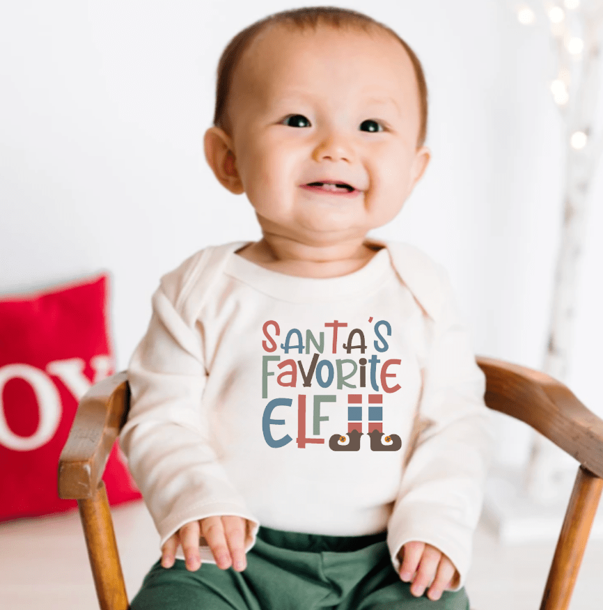 Long sleeve graphic bodysuit for babies, "Santa's Favorite Elf" design, perfect for holiday festivities.