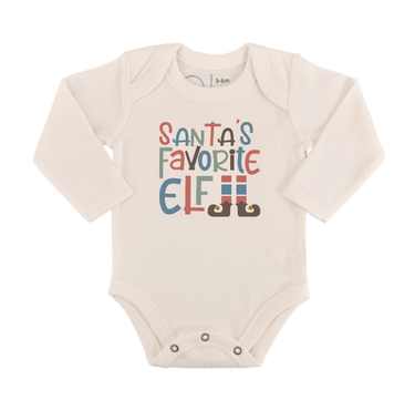 Long sleeve graphic bodysuit for babies, "Santa's Favorite Elf" design, perfect for holiday festivities.
