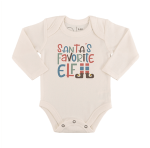Long sleeve graphic bodysuit for babies, "Santa's Favorite Elf" design, perfect for holiday festivities.