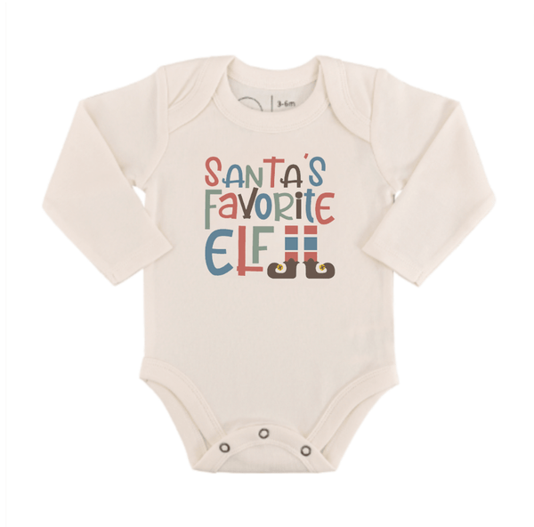 Long sleeve graphic bodysuit for babies, "Santa's Favorite Elf" design, perfect for holiday festivities.