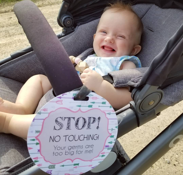 Girl Arrows Stop No Touching Newborn Baby Car Seat Sign Tag