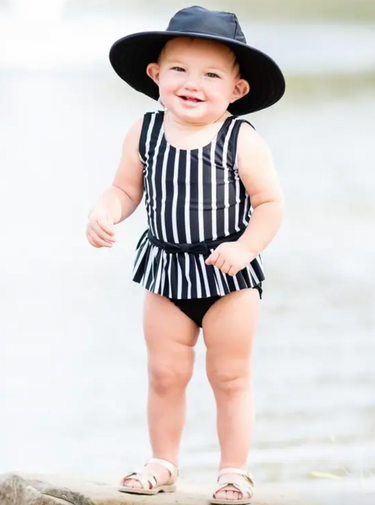 Black & White Stripe Skirted One Piece Swimsuit
