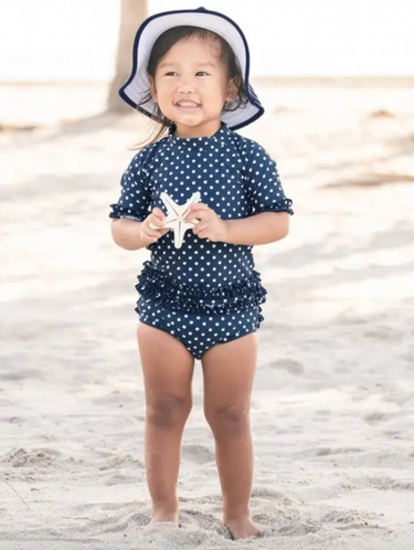 Navy Polka Dot Ruffled Rash Guard Bikini