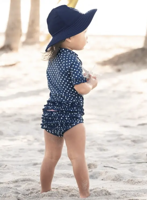 Navy Polka Dot Ruffled Rash Guard Bikini