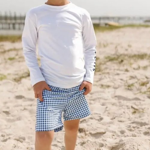 Navy Gingham Swim Trunks