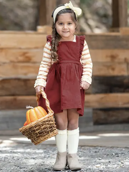 Rosewood Corduroy Cross-Back Ruffle Dress