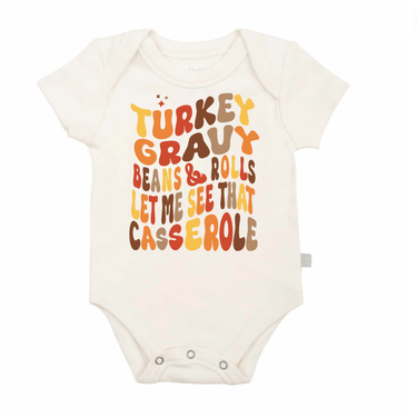 Graphic short sleeve bodysuit featuring a fun turkey gravy casserole design for babies.