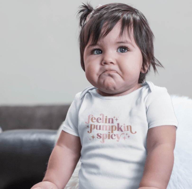 Pumpkin Spicy graphic bodysuit for babies - cute short sleeve onesie perfect for fall outfits.