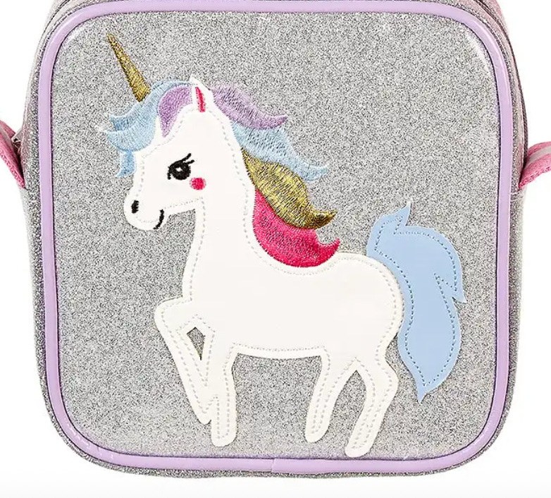 Silver unicorn purse for babies, perfect for stylish storage and playtime fun.