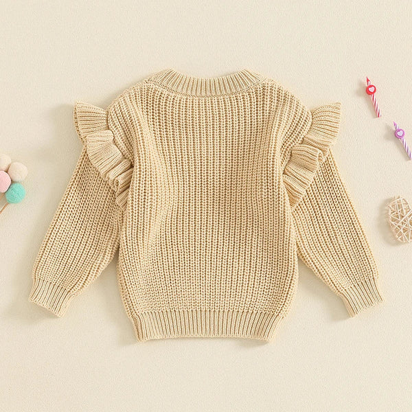 Baby girl birthday sweater with floral embroidery, long sleeve knitted pullover, perfect for casual infant outfits.