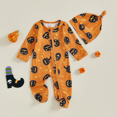 Baby Boy Girl 2Pcs Halloween Footed Zipper Romper Pumpkin Print Long Sleeve Round Neck Zip Jumpsuit with Hat Set