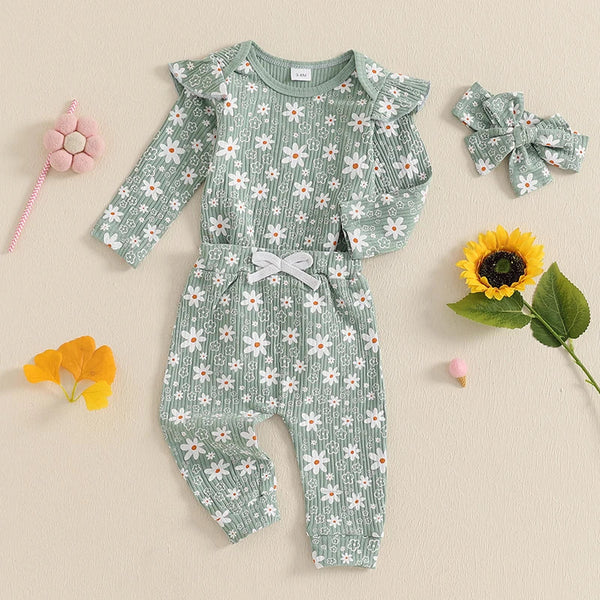 Baby girl floral print romper, long pants, and headband set for spring and fall outfits. Angle 7 view.