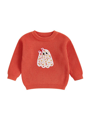 Baby Toddler Kids Girl Halloween Sweater Long Sleeve Round Neck Ghost Flower Embroidery Knit Pullover Top