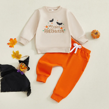 Baby Toddler Boys 2Pcs My First Halloween Outfit Letter Print Long Sleeve Top with Bat Embroidered Jogger Pants Set