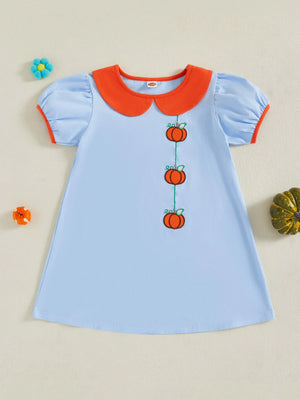 Toddler Kids Girl Halloween Dress Short Sleeve Round Neck Pumpkin Embroidery Dress Kid A-Line Dress