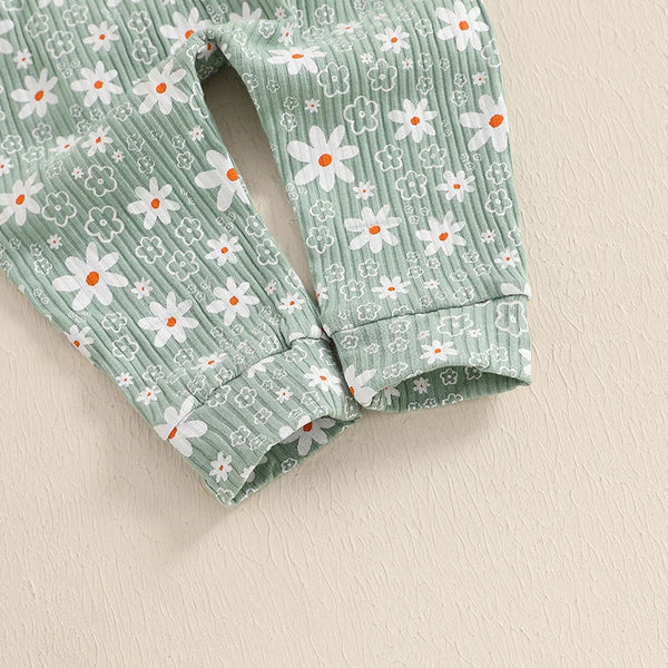 Baby girl floral print romper and pants set with headband, perfect for spring and fall outfits. Angle 10 view.