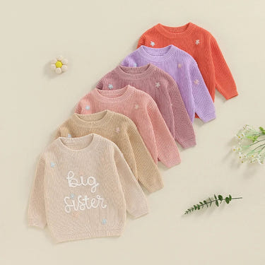 Cute toddler girl big sister sweater with long sleeves and letter embroidery, perfect for baby and toddler outfits.