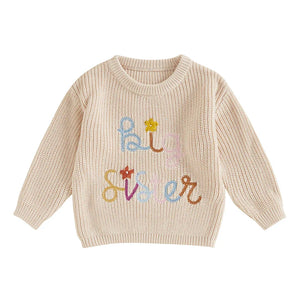 Baby Toddler Kids Girls Big Sister Fall Winter Sweater Casual Letter Flower Embroidery Crew Neck Long Sleeve Pullover Top