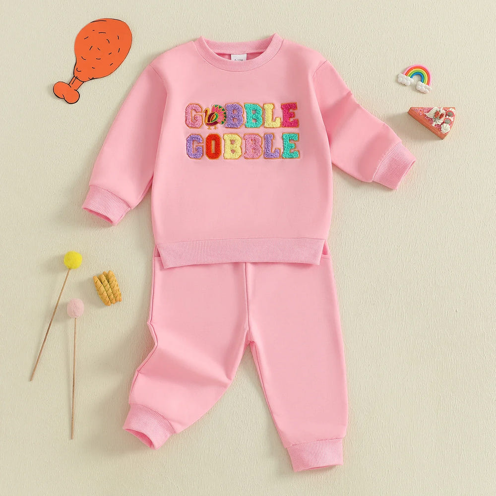 Baby toddler girls' Thanksgiving outfit, long sleeve turkey top & jogger pants set, perfect for festive celebrations.