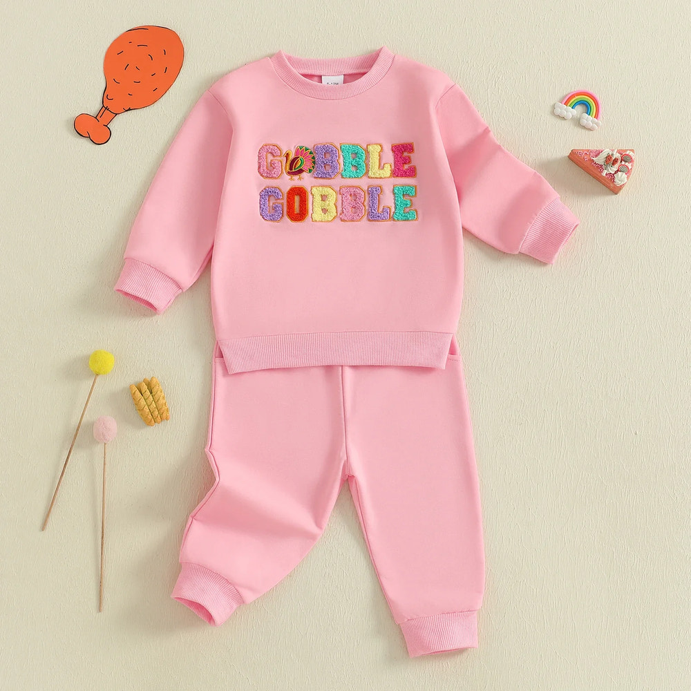 Baby Toddler Girls 2Pcs Thanksgiving Outfit Long Sleeve Turkey Gobble Embroidery Top + Pants Jogger Set Clothes