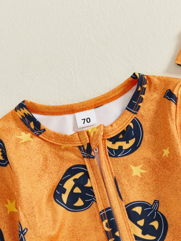 Baby Boy Girl 2Pcs Halloween Footed Zipper Romper Pumpkin Print Long Sleeve Round Neck Zip Jumpsuit with Hat Set