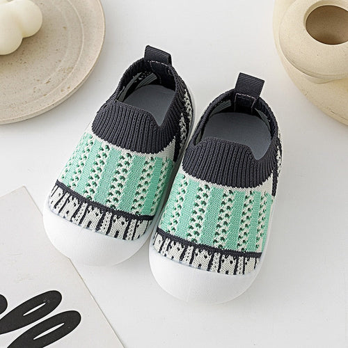 Baby First Walkers in green stripes, perfect shoes for infants learning to walk.