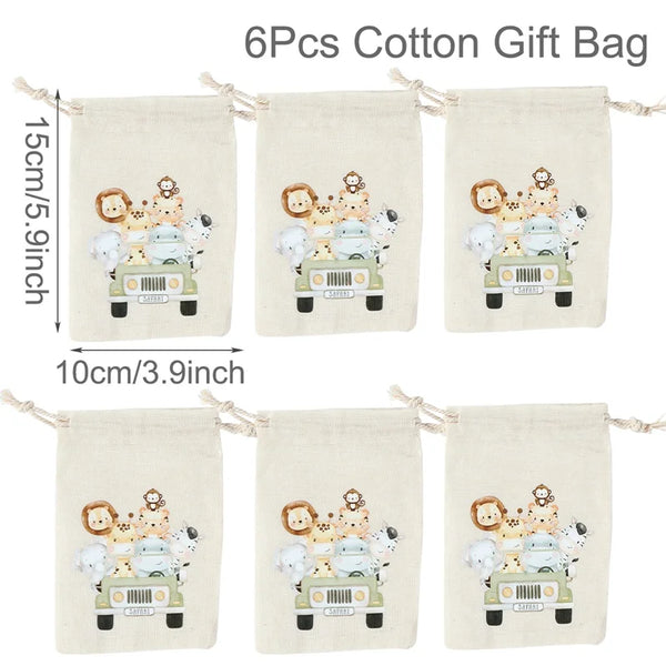 Set of 6 cotton canvas bags with multi-variant animals