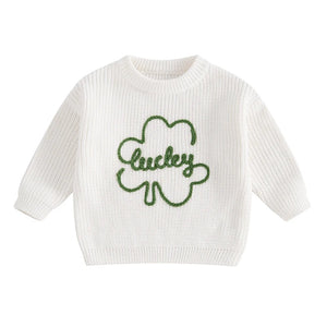 Baby Toddler Kids Boys Girls Lucky Knit Sweater Long Sleeve Round Neck Shamrock Letter Embroidery Pullover Spring St. Patrick's Day Top