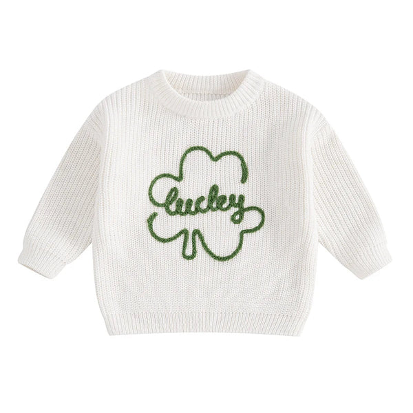 Baby Toddler Kids Boys Girls Lucky Knit Sweater Long Sleeve Round Neck Shamrock Letter Embroidery Pullover Spring St. Patrick's Day Top