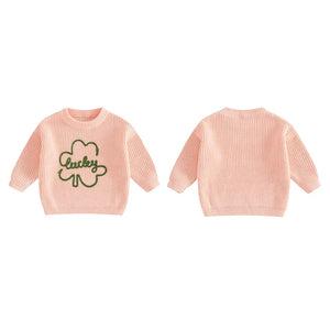 Baby Toddler Kids Boys Girls Lucky Knit Sweater Long Sleeve Round Neck Shamrock Letter Embroidery Pullover Spring St. Patrick's Day Top