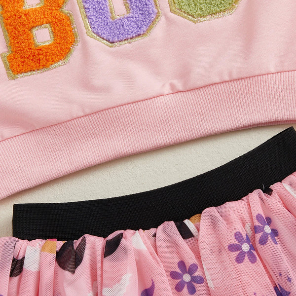 Baby Toddler Girls 2Pcs Girl Boo Halloween Outfit Long Sleeve Letter Ghost Embroidery Tops A-line Tulle Skirt Set
