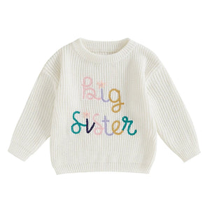 Baby Toddler Kids Girls Big Sister Fall Winter Sweater Casual Letter Flower Embroidery Crew Neck Long Sleeve Pullover Top
